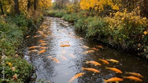 Fototapeta  A river contaminated by industrial waste, with dead fish and polluted water