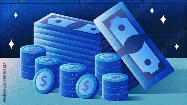 Obraz Stack of Paper Money with Coin Piles in Modern Financial Illustration
