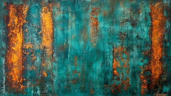 Fototapeta Grunge texture background in deep teal highlighted by rusty orange featuring oxidized textured patterns