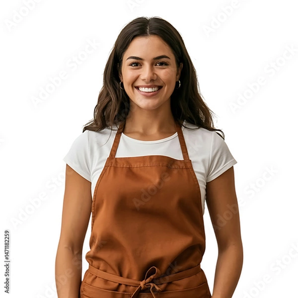Fototapeta Smiling young woman wearing apron isolated on a transparent background portrait