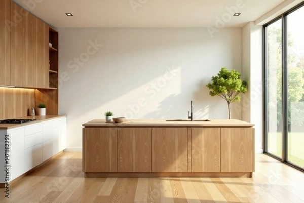 Fototapeta Modern minimalist kitchen design with natural wood island and cabinetry, bathed in sunlight streaming through large window
