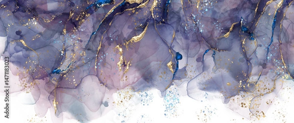 Fototapeta Alcohol ink abstract pattern in lavender-purple-pink accent, hand drawn, supplemented with gold, png file