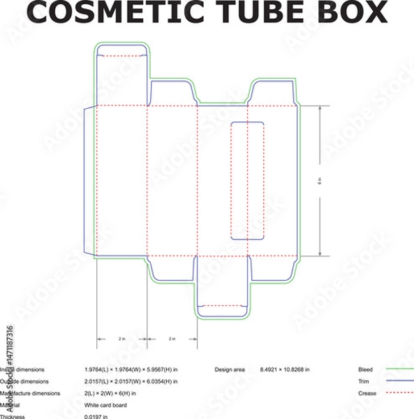 Fototapeta Detailed die cut template for a cosmetic tube box with dimensioned design outlines and professional manufacturing specifications