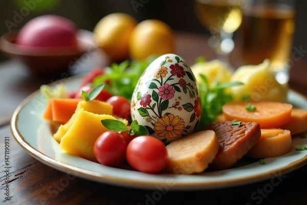 Obraz A Seder plate with a decorated Easter egg nestled amongst the symbolic foods , holiday, christian tradition