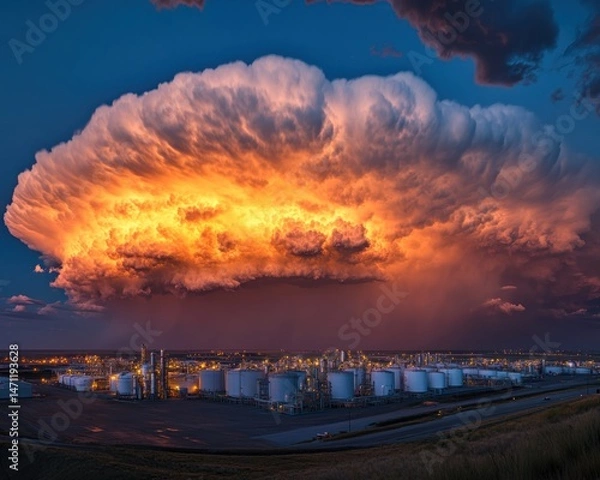 Fototapeta Fiery clouds over refinery at sunset