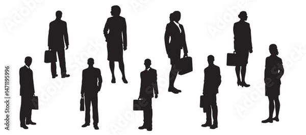 Fototapeta Vector silhouettes of men and a women set, a group of standing business people vector Illustration
