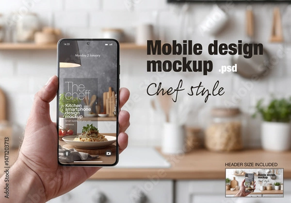 Fototapeta Hand holding a smartphone on kitchen interior background. Mobile phone mockup.