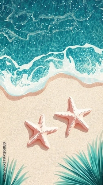 Obraz Beach scene, seashells, palm leaves