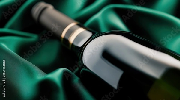 Fototapeta Elegant wine bottle rests on rich emerald green silk reflecting soft light a sophisticated still