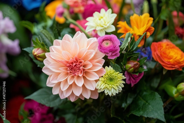 Obraz Vibrant bouquet of assorted flowers showcasing dahlia, ranunculus, and zinnia in various colors
