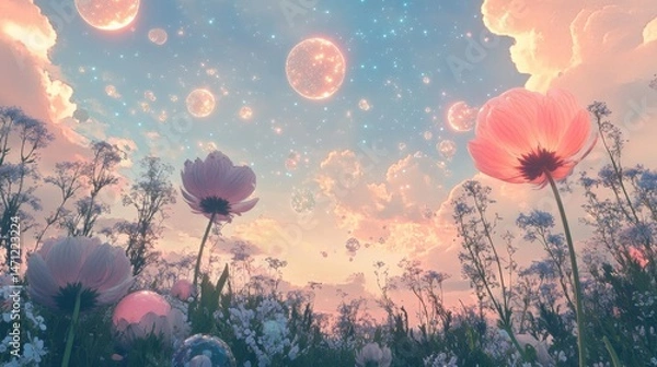 Fototapeta Dreamlike landscape of a field with flowers under a pastel sky with clouds and planets. Fantasy scene with floral meadow and celestial orbs in soft, glowing colors.