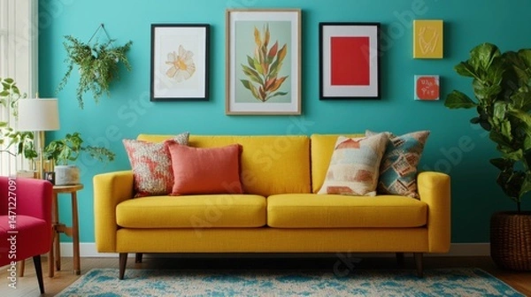 Fototapeta Bright living room with a yellow sofa, colorful cushions, modern artwork on teal wall, vibrant decor, inviting atmosphere.