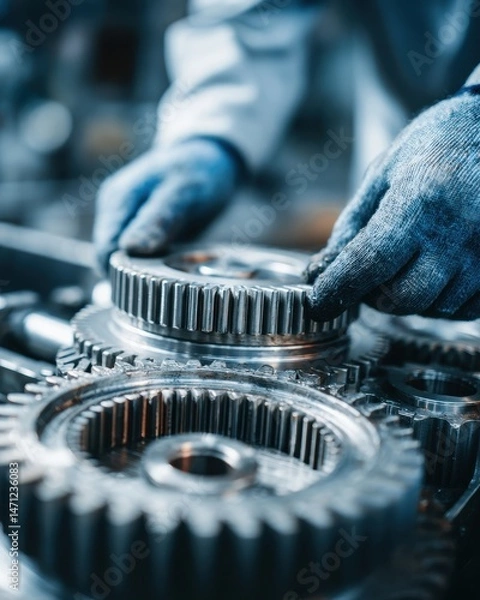 Fototapeta Mechanic Assembling Gears Close Up in Workshop; Hands in Gloves Fitting Cogwheels; Engineering Precision; Industrial Maintenance