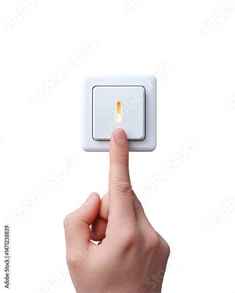 Obraz A hand presses a light switch illuminating a bright light inside the switch isolated on transparent background