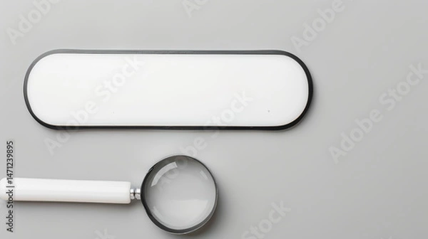 Obraz Minimalist white search bar with magnifying glass icon on clean gray background, copy space for text. Modern web design, user interface, digital technology and online search concept.