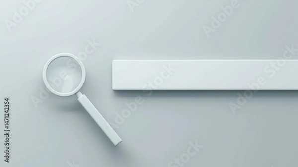 Fototapeta Minimalist white search bar with magnifying glass icon on clean gray background, copy space for text. Modern web design, user interface, digital technology and online search concept.