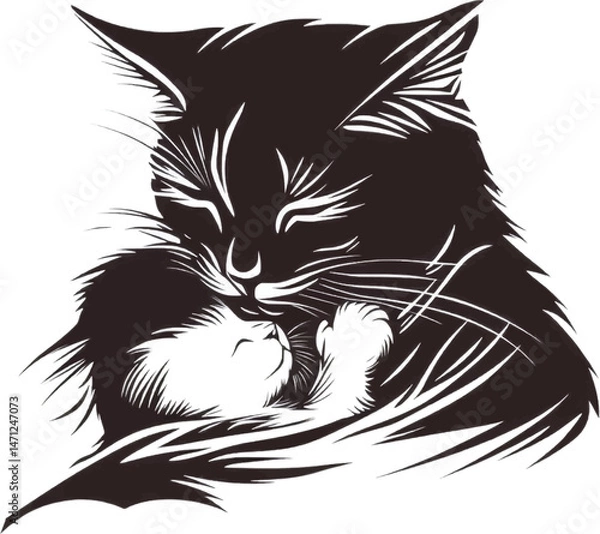 Obraz Minimalist Black and White Line Art of a Cat and Kitten Sleeping Calmly