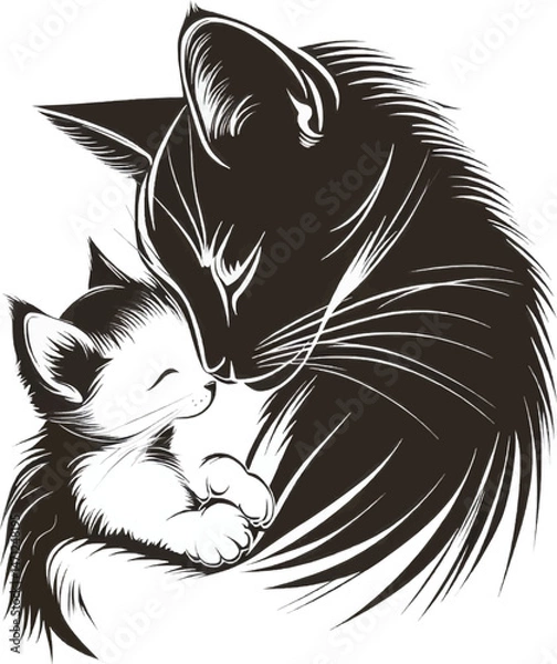 Obraz Peaceful Sleeping Mother Cat and Kitten in Elegant Line Drawing Style