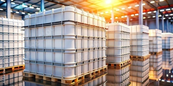 Fototapeta Tilt-Shift Stacked IBC Containers - White Plastic Storage