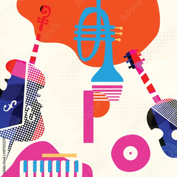 Obraz Colorful Abstract Music Instruments Background, Modern Jazz Art Style Vector