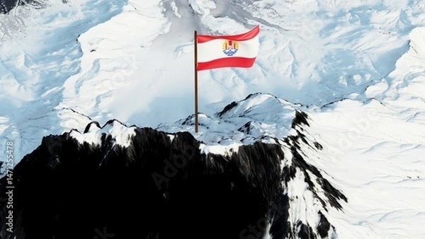 Fototapeta 3D rendering of French Polynesia's flag, featuring red and white horizontal bands with a central emblem of a Polynesian outrigger canoe under a golden sun and blue waves, gracefully waving atop a trop