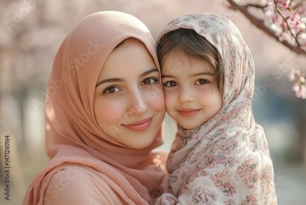 Fototapeta A heartwarming image of a Muslim mother and her daughter, both wearing hijabs, smiling gently.