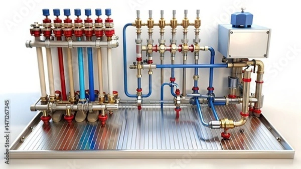 Fototapeta Warm Water Floor Heating Distribution System with Mixing Pump - Landscape Photography