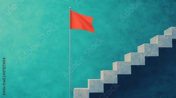 Obraz workflow for results and achievements. Red flag on stairs against a textured blue wall.