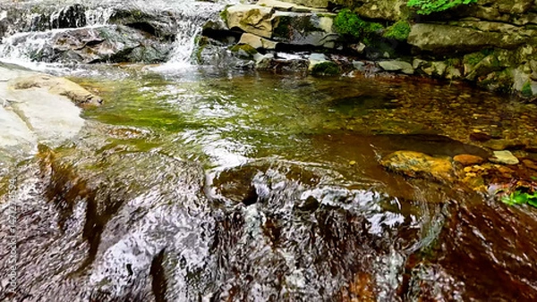 Fototapeta Slow Motion Drone Footage of Crystal-Clear Stream Flow in a Serene Forest Valley, Featuring Gentle Ripples, Tranquil Water Sounds, and the Pristine Beauty of Nature