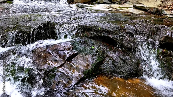 Fototapeta Slow Motion Drone Footage of Crystal-Clear Stream Flow in a Serene Forest Valley, Featuring Gentle Ripples, Tranquil Water Sounds, and the Pristine Beauty of Nature