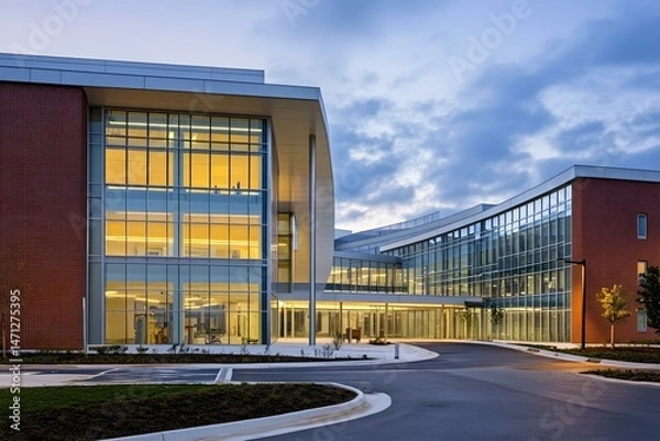 Obraz Modern Hospital Architecture with Glass Facade at Sunset for a Sleek and Innovative Healthcare Design