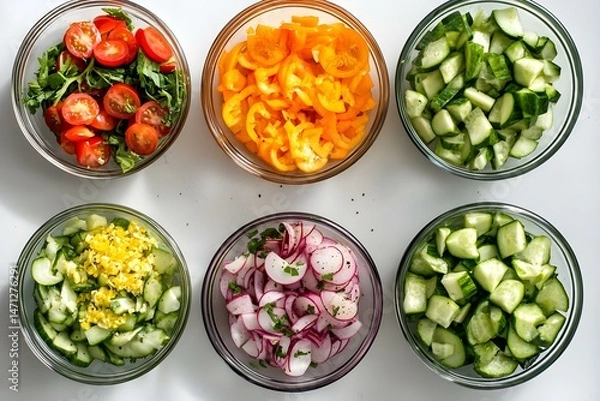 Obraz Top View of Healthy Vegetable Salads with Fresh Ingredients for a Nutritious and Vibrant Meal