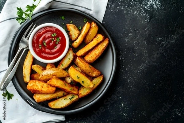Fototapeta Top View of Spicy Fried Potatoes with Tomato Sauce for a Flavorful and Crispy Gourmet Delight