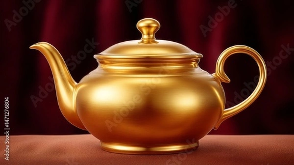 Fototapeta Elegant Golden Teapot with Intricate Patterns on a Wooden Surface Against a Burgundy Backdrop