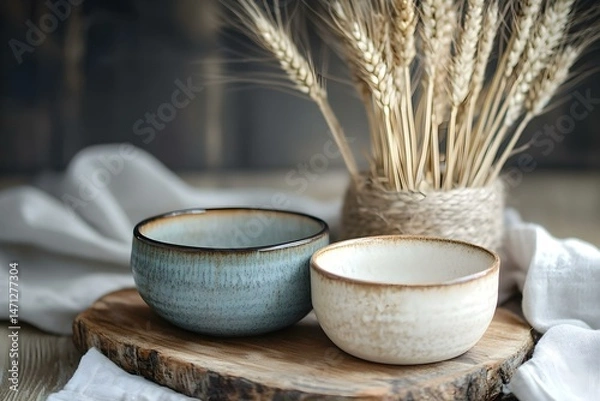 Fototapeta Ceramic Bowls on Wooden Board Near Wheat Sticks for a Rustic and Artisanal Culinary Display