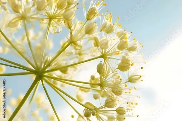 Fototapeta Close-Up of Fennel Flower Head Against a Bright Sky for a Delicate Botanical Display