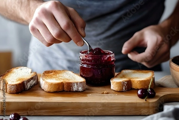 Obraz Crop Man Preparing Toasts with Cherry Jam for a Rustic Breakfast Delight in a Cozy Setting