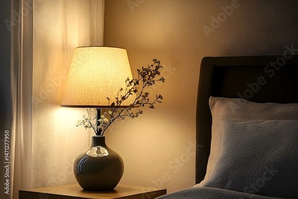 Fototapeta Elegant Bedroom Lamp with Vase Casting Warm Light for a Cozy and Sophisticated Ambiance