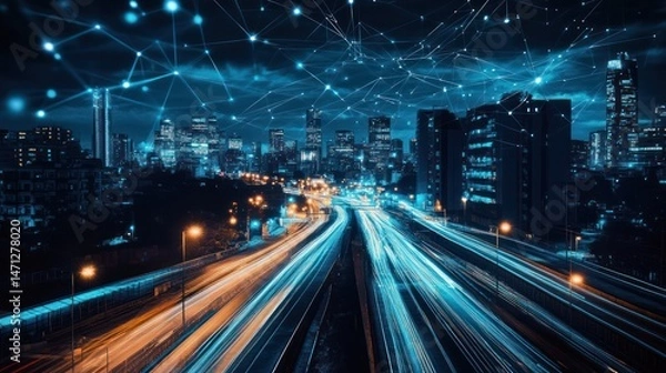 Fototapeta Night cityscape with network connections and blurred motion.