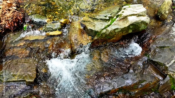Fototapeta Slow Motion Drone Footage of Crystal-Clear Stream Flow in a Serene Forest Valley, Featuring Gentle Ripples, Tranquil Water Sounds, and the Pristine Beauty of Nature