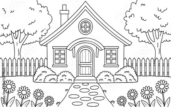 Fototapeta coloring page for kids, A black and white hand line drawing of a charming cottage with a tiled roof and a circular window, vector illustration