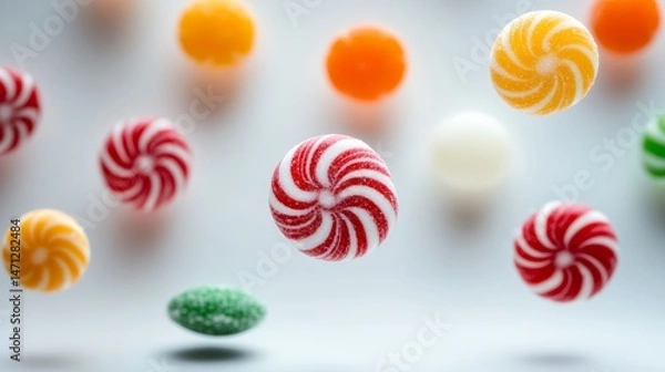 Fototapeta Bunch of colorful candy with a red and white swirl. The candy is in the air and he is floating