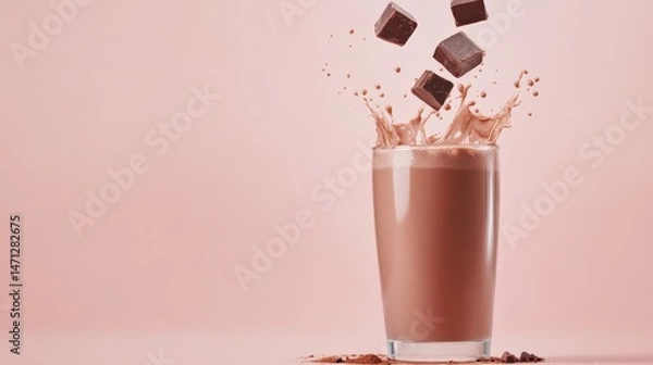 Fototapeta Delicious chocolate smoothie, creamy beverage with chocolate balls hovering above, perfect for dessert or refreshment ideas.