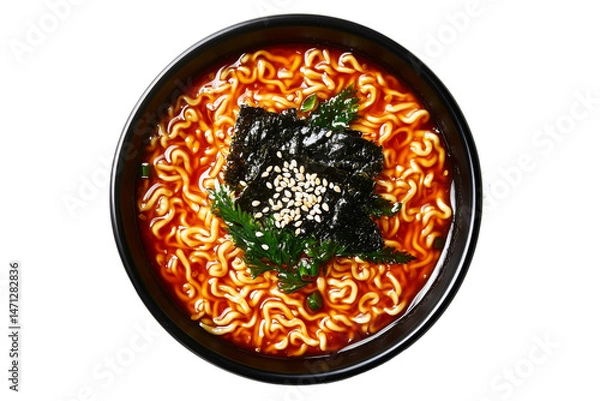 Fototapeta Hot spicy Korean red miso ramen with seaweed, scallions, and sesame seeds in black bowl, top view, isolated on white background. Concept of Asian fast food meal