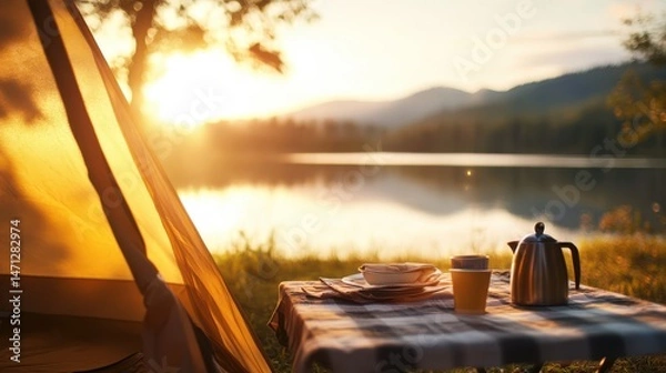 Fototapeta Relaxing lakeside view, serene morning sunlight reflecting on water, cozy setup with warm drinks, perfect for unwinding.