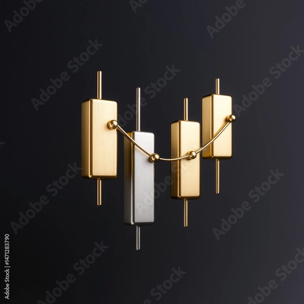 Obraz 3D Candlestick Chart with Gold and Silver Bars – Trading, Crypto, and Stock Market Visualization