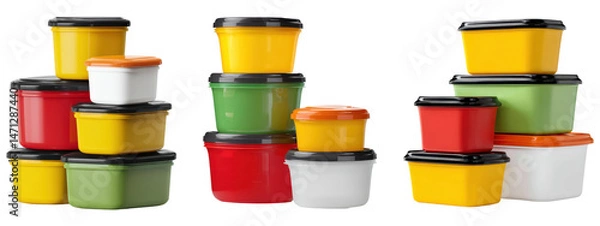 Obraz Set of colorful plastic food storage containers with lids- stacked in groups