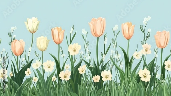 Obraz Pastel Tulips Spring Floral Border. (1)