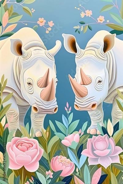 Fototapeta Majestic White Rhinos Amidst Lush Floral Landscape with Vibrant Colors and Soft Textures Evoking Serenity and Wildlife Conservation Awareness