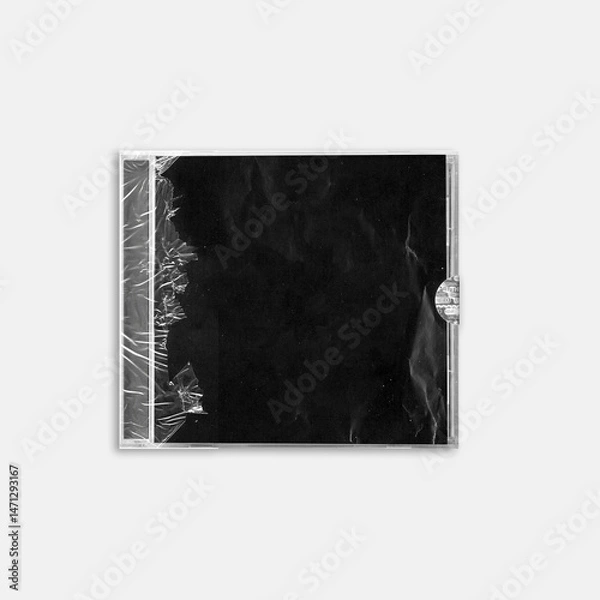 Fototapeta Close-up of a CD case wrapped in torn transparent plastic with a black background insert. Ideal for album artwork mockups, grunge designs, or retro music packaging.